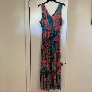 Nicole Miller NWT Women’s Crepe Tropical Print Tie Waist Maxi Dress V Neck Sz 8
